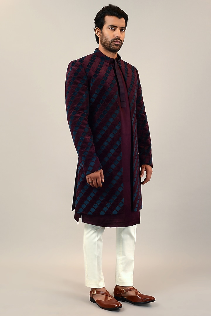 Wine Velvet Embroidered Wedding Indowestern Set by STEEL at Pernia's Pop Up Shop
