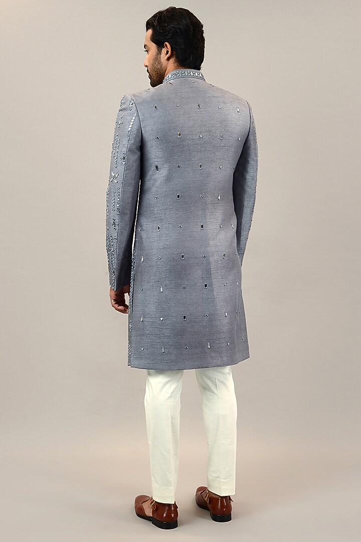 Grey Viscose Raw Silk Mirror Embroidered Wedding Indowestern Set by STEEL at Pernia's Pop Up Shop