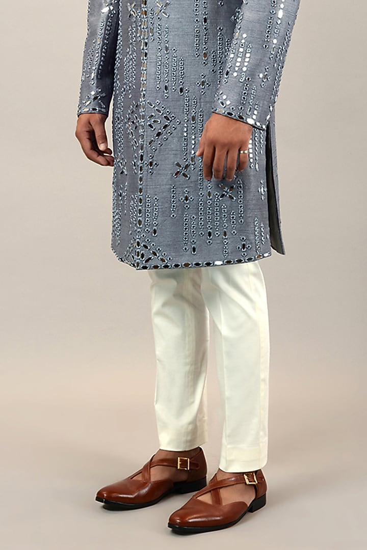 Grey Viscose Raw Silk Mirror Embroidered Wedding Indowestern Set by STEEL at Pernia's Pop Up Shop