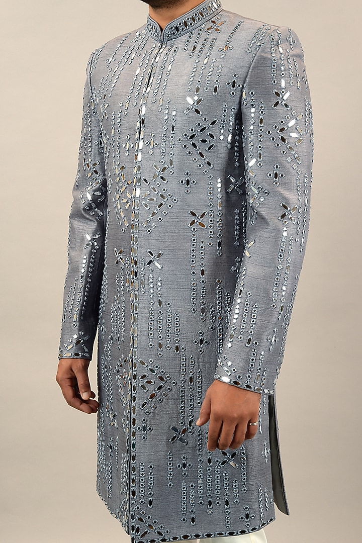 Grey Viscose Raw Silk Mirror Embroidered Wedding Indowestern Set by STEEL at Pernia's Pop Up Shop