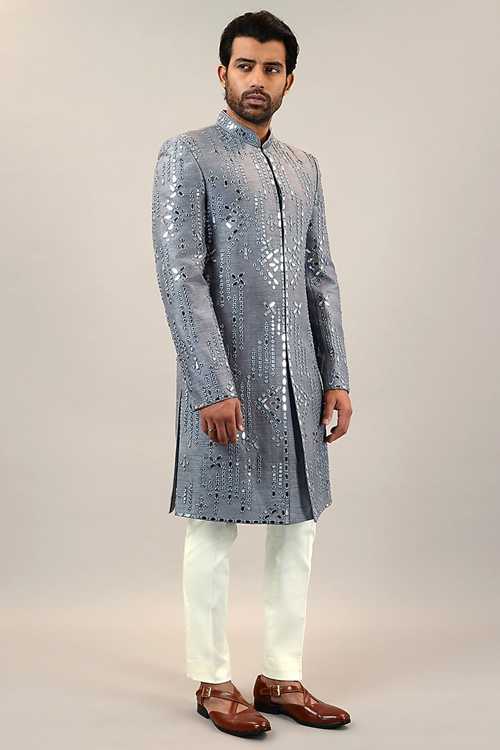 Grey Viscose Raw Silk Mirror Embroidered Wedding Indowestern Set by STEEL at Pernia's Pop Up Shop