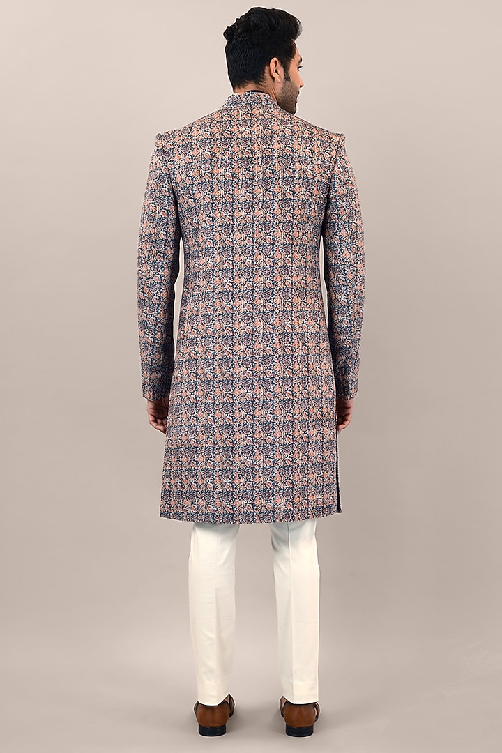 Dark Blue Velvet Printed Wedding Indowestern Set by STEEL at Pernia's Pop Up Shop