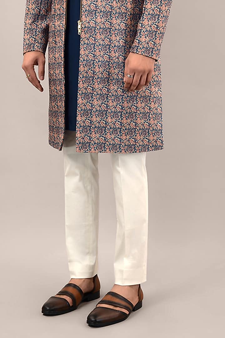 Dark Blue Velvet Printed Wedding Indowestern Set by STEEL at Pernia's Pop Up Shop