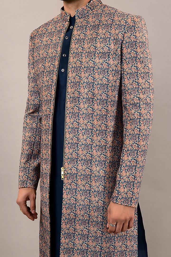 Dark Blue Velvet Printed Wedding Indowestern Set by STEEL at Pernia's Pop Up Shop