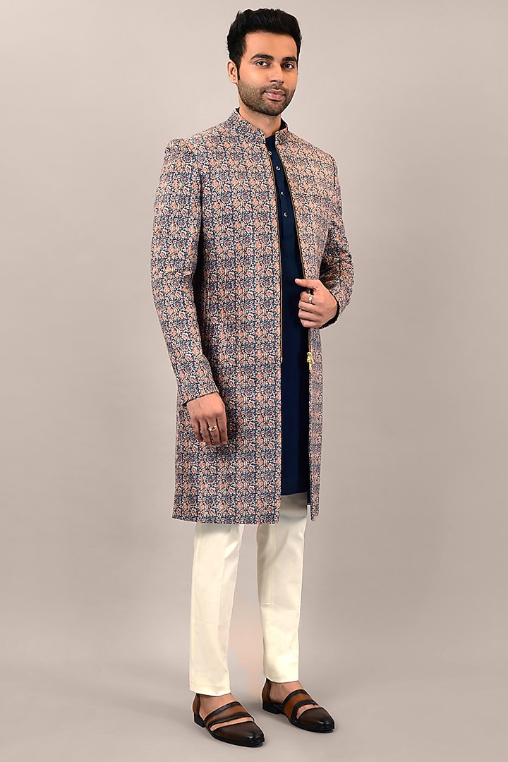 Dark Blue Velvet Printed Wedding Indowestern Set by STEEL at Pernia's Pop Up Shop