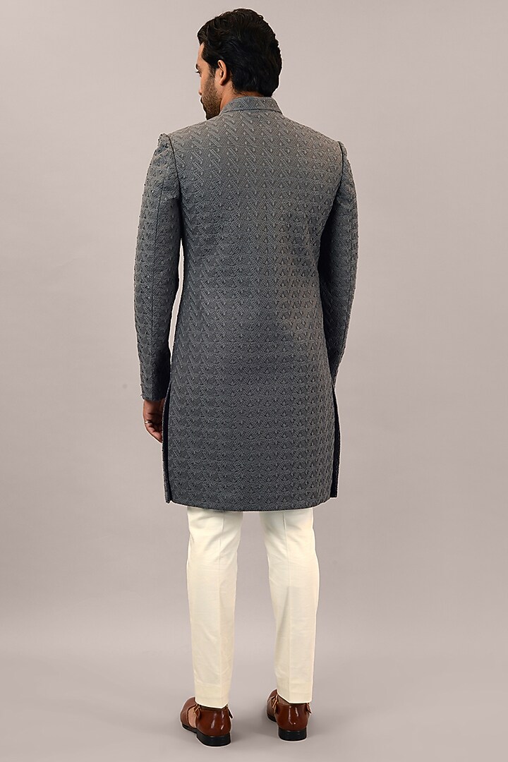 Grey Terry Rayon Embroidered Wedding Indowestern Set by STEEL at Pernia's Pop Up Shop