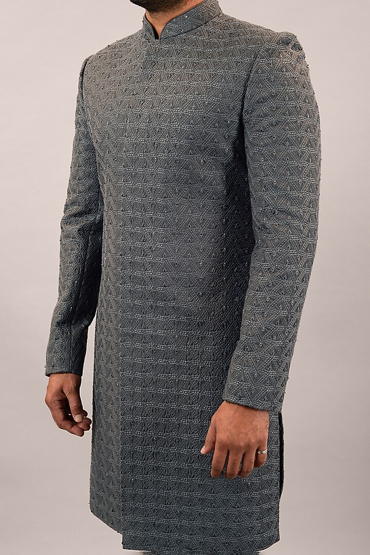 Grey Terry Rayon Embroidered Wedding Indowestern Set by STEEL at Pernia's Pop Up Shop