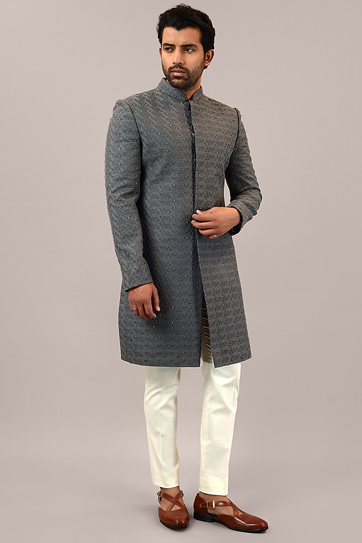 Grey Terry Rayon Embroidered Wedding Indowestern Set by STEEL at Pernia's Pop Up Shop