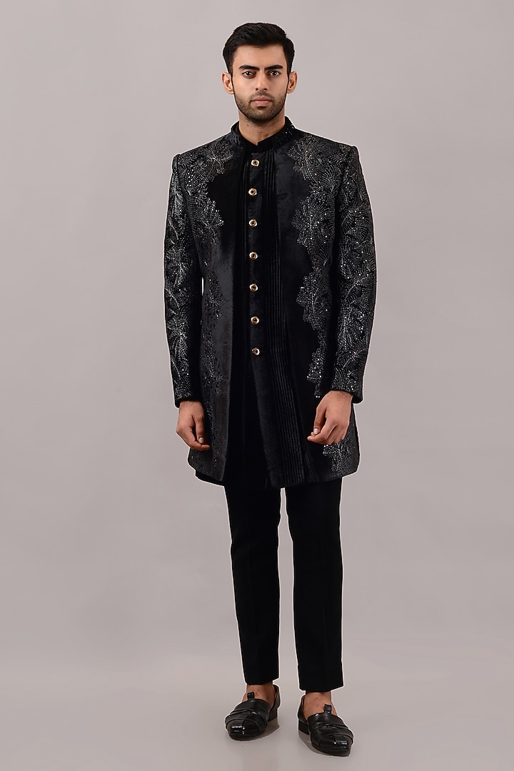 Black Velvet Hand Embroidered Wedding Indowestern Set by STEEL at Pernia's Pop Up Shop