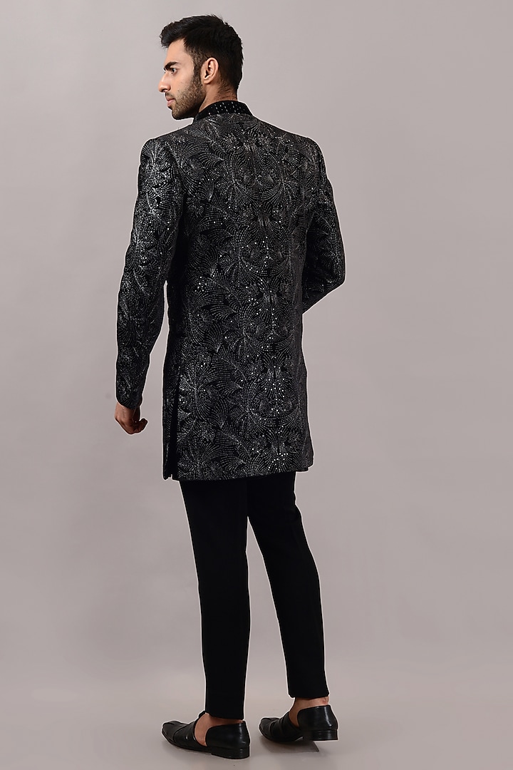 Black Velvet Hand Embroidered Wedding Indowestern Set by STEEL at Pernia's Pop Up Shop