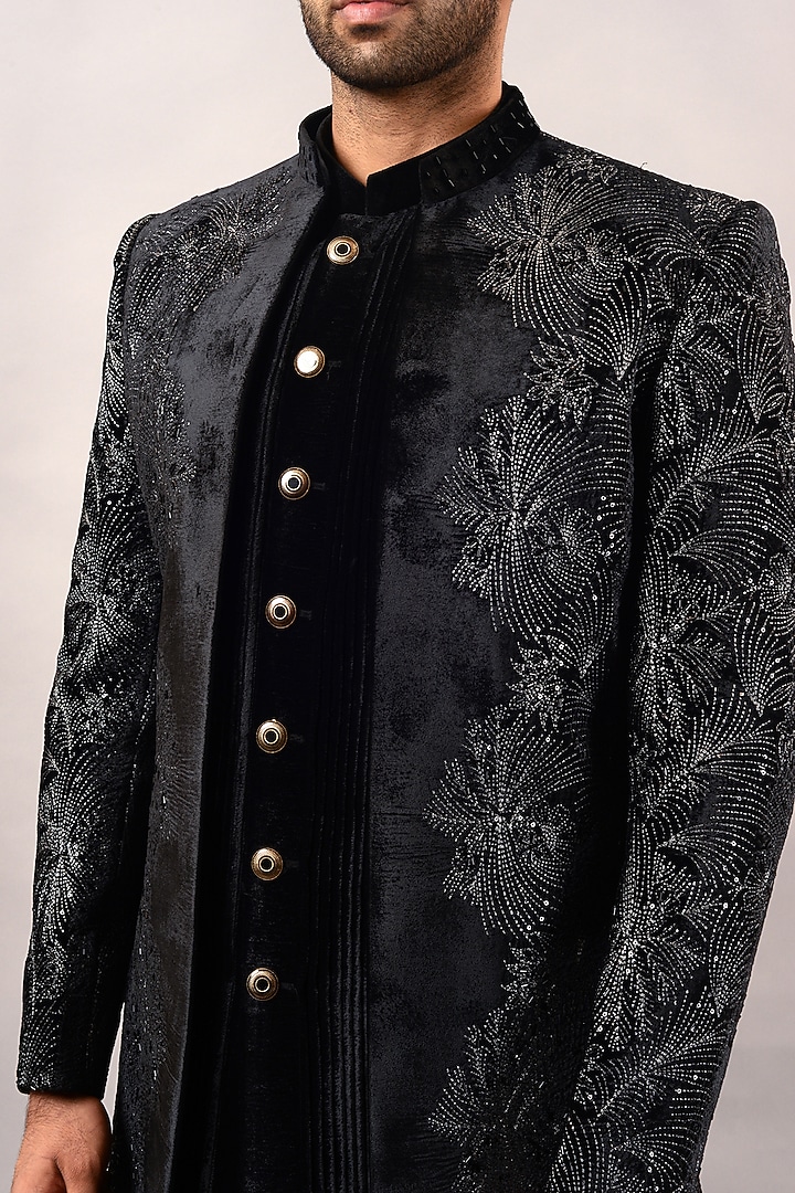 Black Velvet Hand Embroidered Wedding Indowestern Set by STEEL at Pernia's Pop Up Shop