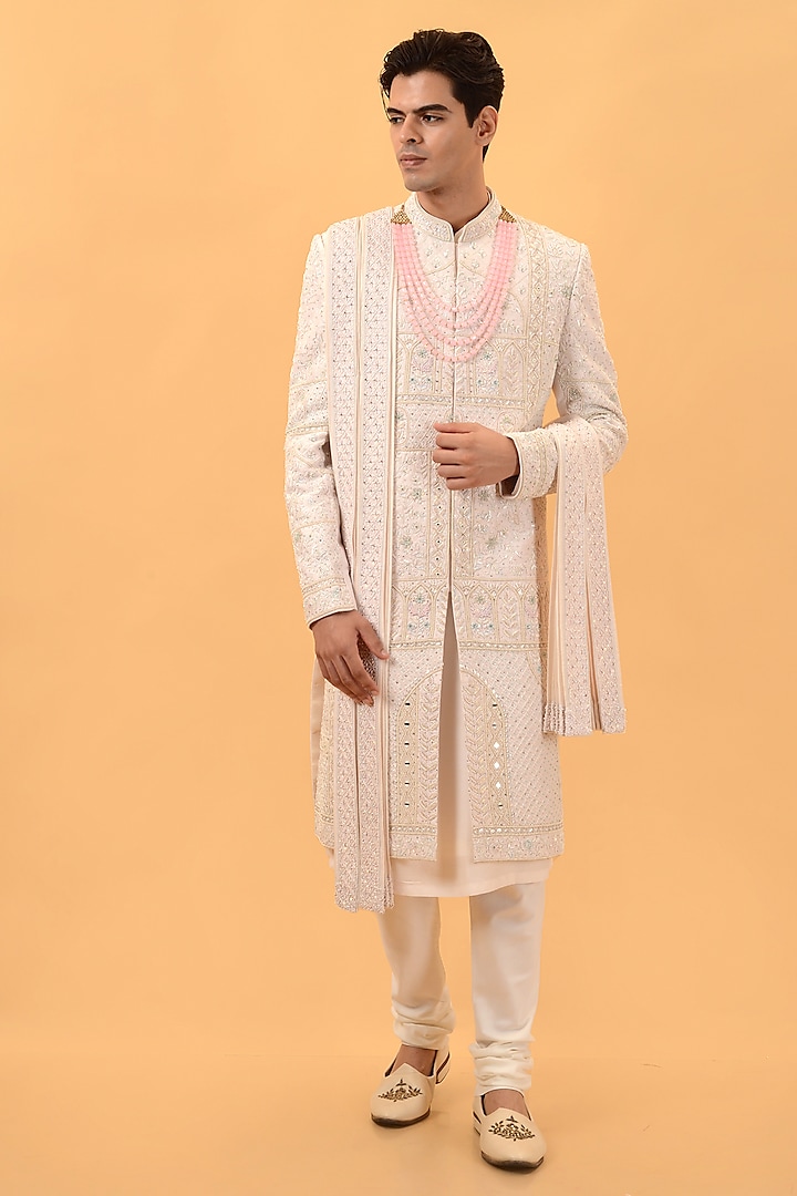 Pink Raw Silk Hand Embroidered Sherwani Set by STEEL