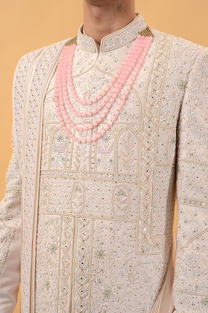 Pink Raw Silk Hand Embroidered Groom Sherwani Set by STEEL at Pernia's Pop Up Shop