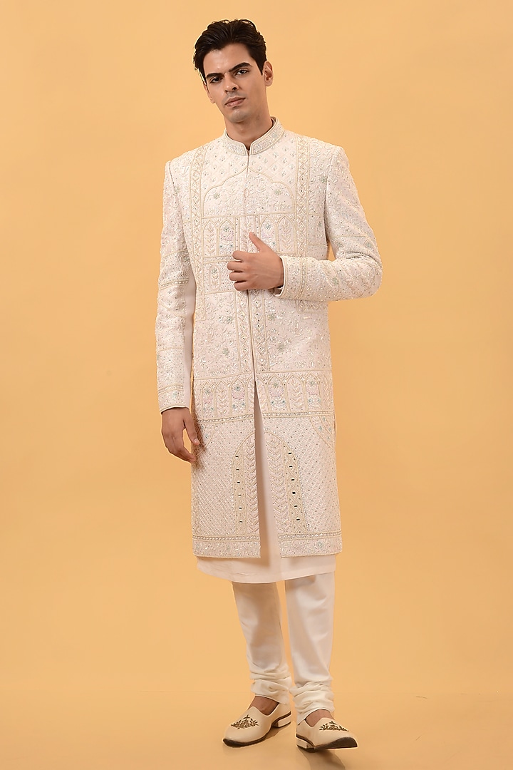 Pink Raw Silk Hand Embroidered Groom Sherwani Set by STEEL at Pernia's Pop Up Shop