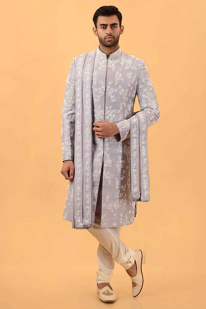 Lilac Raw Silk Cutdana Handwork Wedding Sherwani Set by STEEL at Pernia's Pop Up Shop