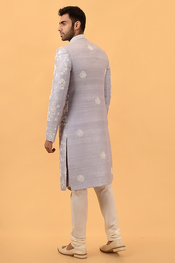 Lilac Raw Silk Cutdana Handwork Wedding Sherwani Set by STEEL at Pernia's Pop Up Shop