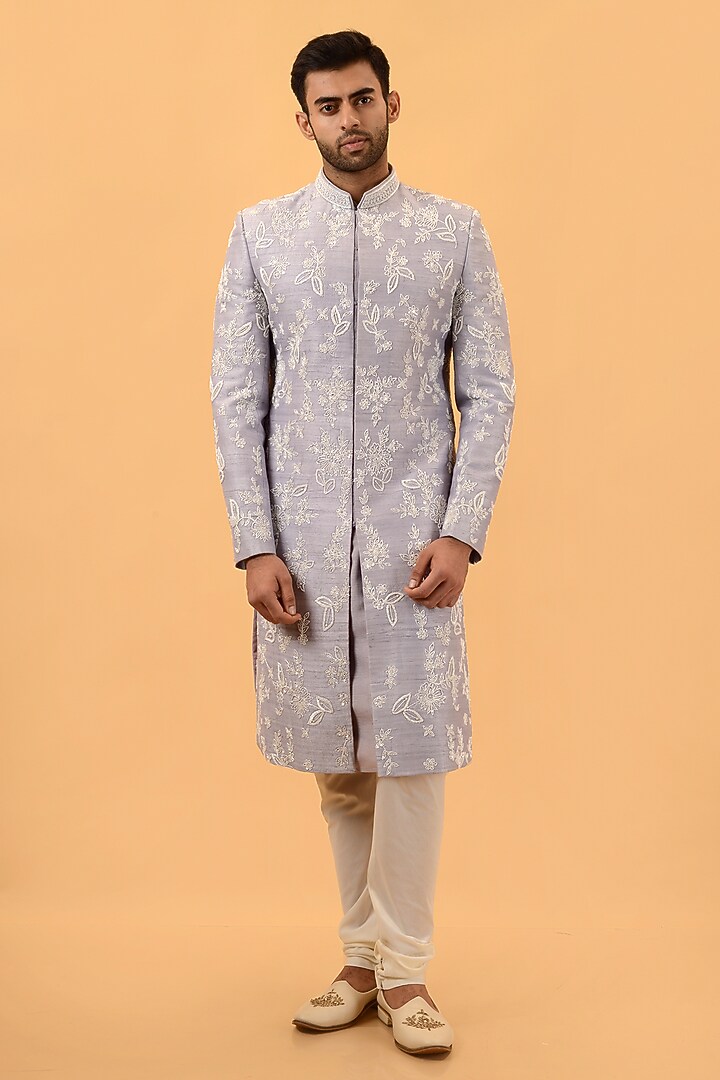 Lilac Raw Silk Cutdana Handwork Wedding Sherwani Set by STEEL at Pernia's Pop Up Shop
