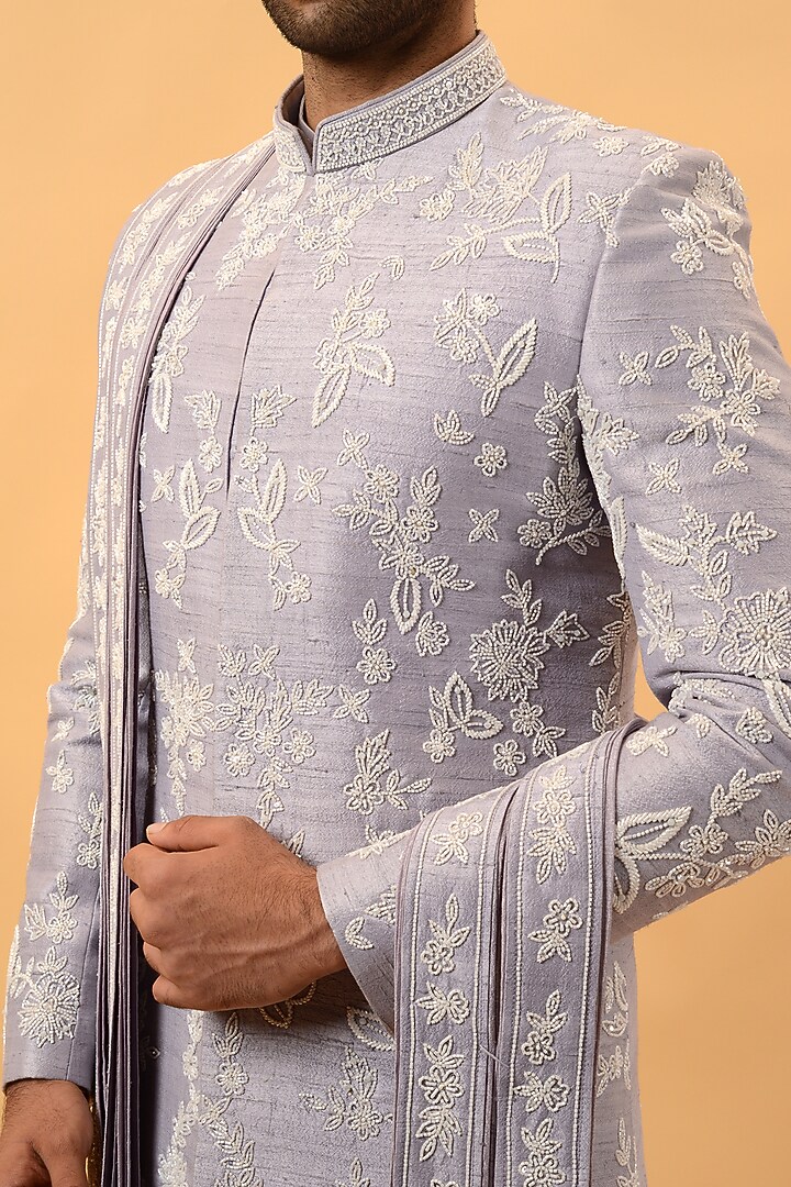 Lilac Raw Silk Cutdana Handwork Wedding Sherwani Set by STEEL at Pernia's Pop Up Shop