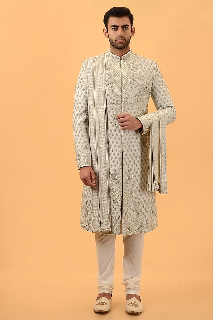 Pista Raw Silk Hand Embroidered Groom Sherwani Set by STEEL at Pernia's Pop Up Shop