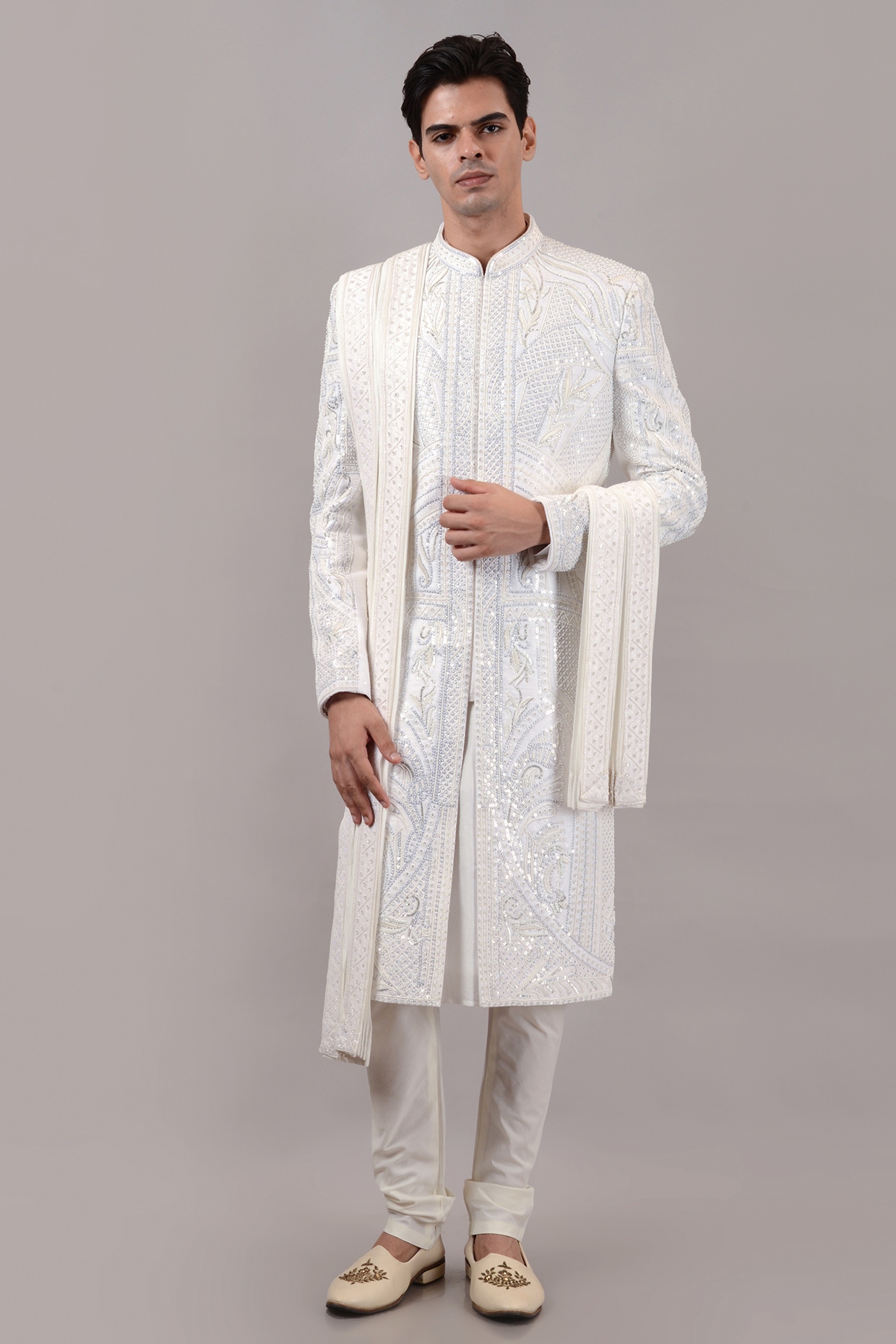 STEEL White Raw Silk Hand Embroidered Sherwani Set