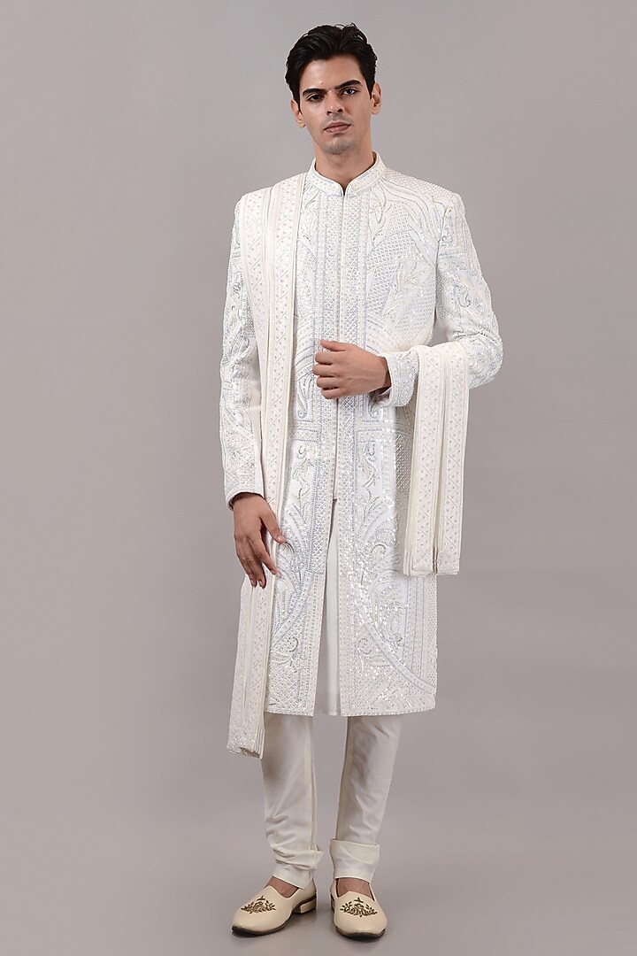 White Raw Silk Hand Embroidered Groom Sherwani Set by STEEL at Pernia's Pop Up Shop