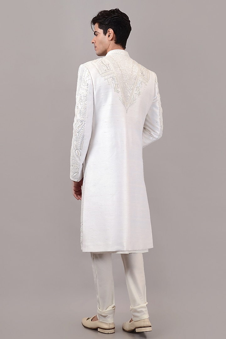 White Raw Silk Hand Embroidered Groom Sherwani Set by STEEL at Pernia's Pop Up Shop