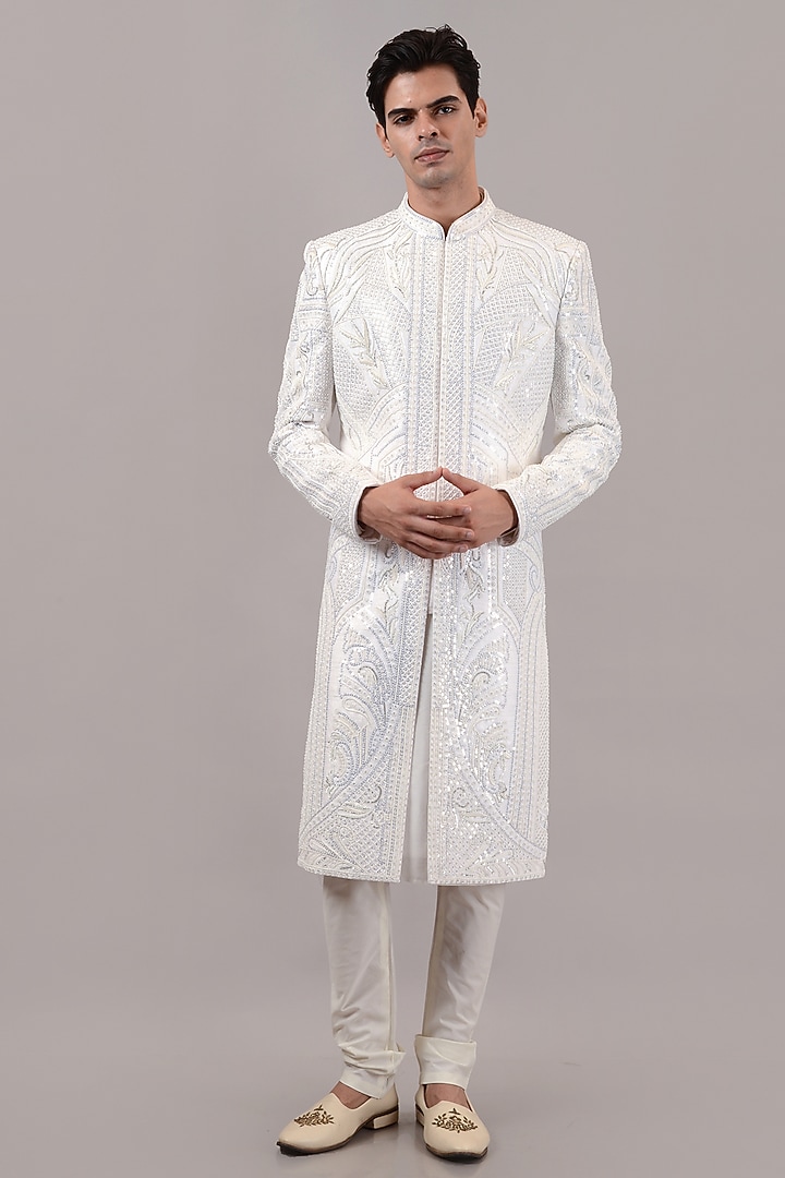 White Raw Silk Hand Embroidered Groom Sherwani Set by STEEL at Pernia's Pop Up Shop