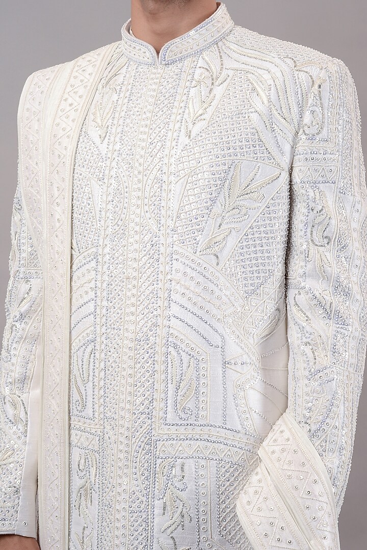 White Raw Silk Hand Embroidered Groom Sherwani Set by STEEL at Pernia's Pop Up Shop
