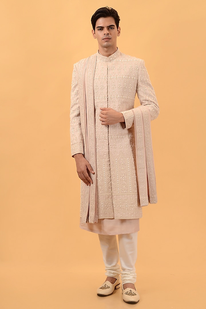 Peach Raw Silk Hand & Machine Embroidered Wedding Sherwani Set by STEEL at Pernia's Pop Up Shop