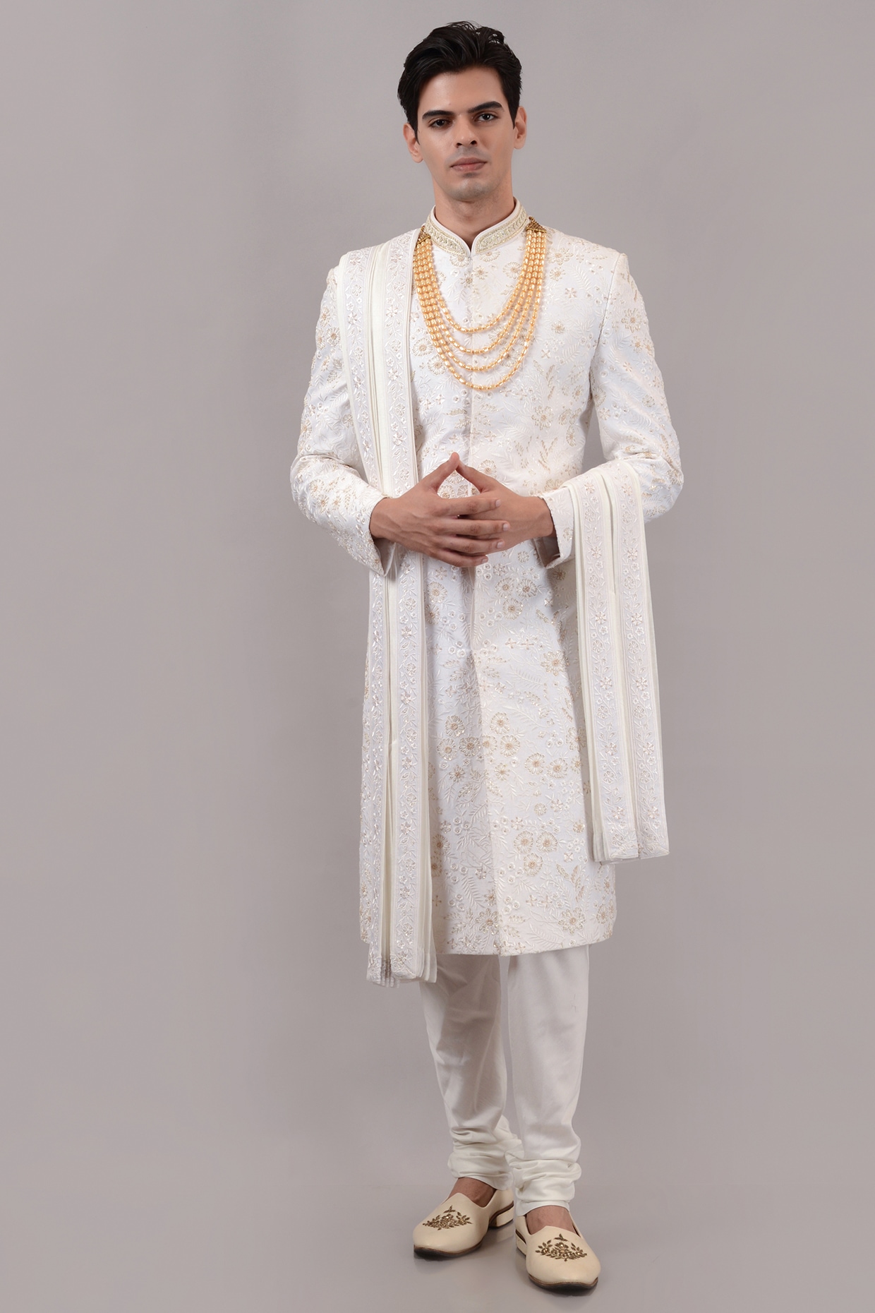STEEL Off-White Raw Silk Hand & Machine Embroidered Sherwani Set