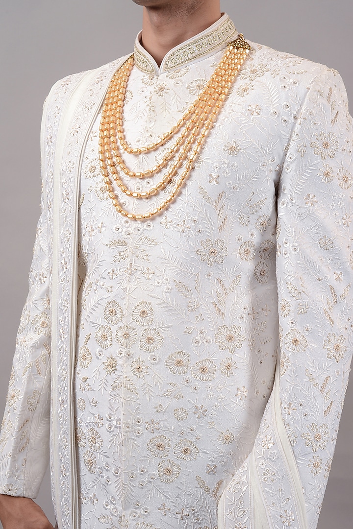 Off-White Raw Silk Hand & Machine Embroidered Wedding Sherwani Set by STEEL at Pernia's Pop Up Shop
