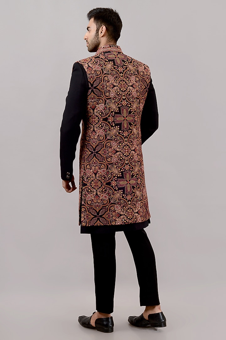 Black Pashmina Resham Embroidered Wedding Indowestern Set by STEEL at Pernia's Pop Up Shop