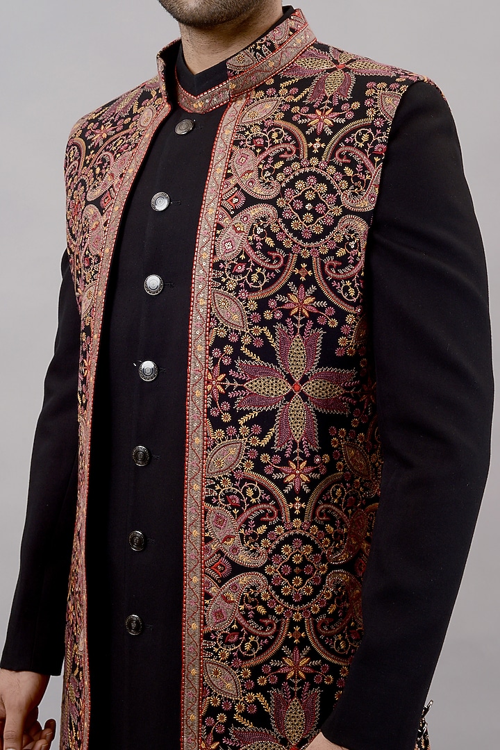 Black Pashmina Resham Embroidered Wedding Indowestern Set by STEEL at Pernia's Pop Up Shop