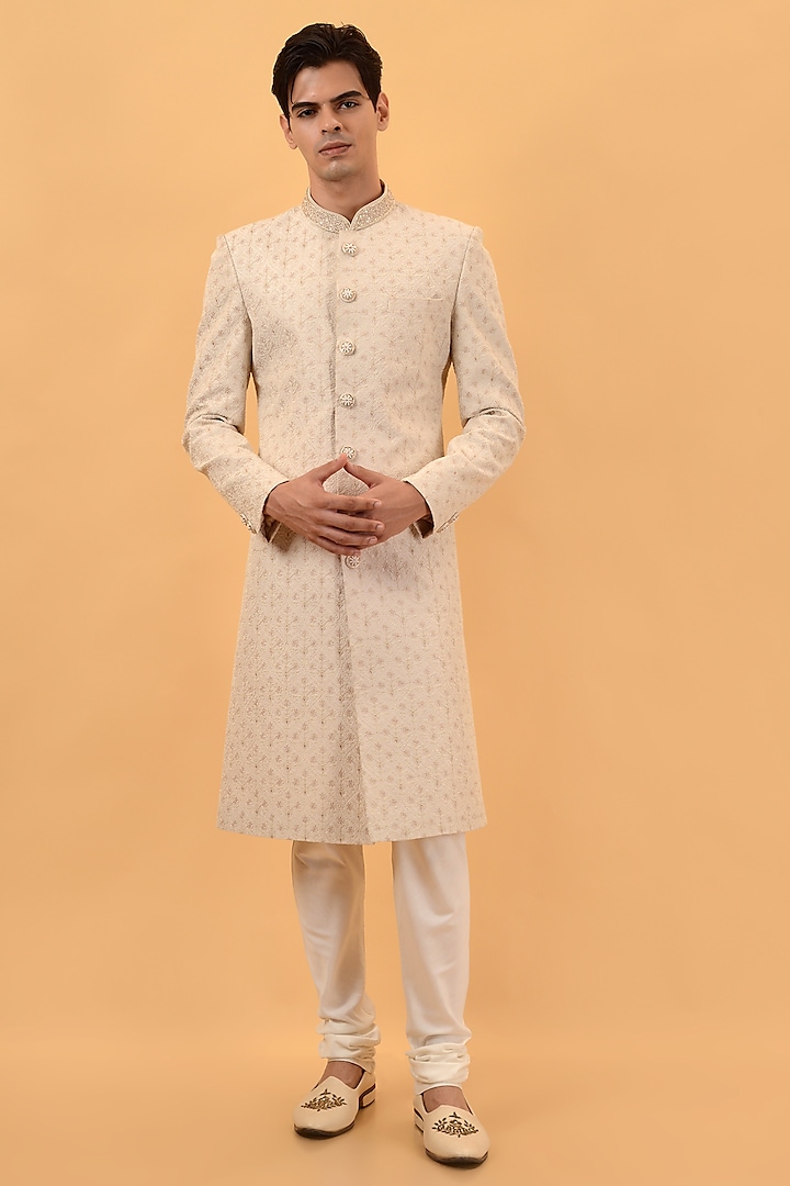 Cream Lucknowi Hand Embroidered Sherwani Set by STEEL