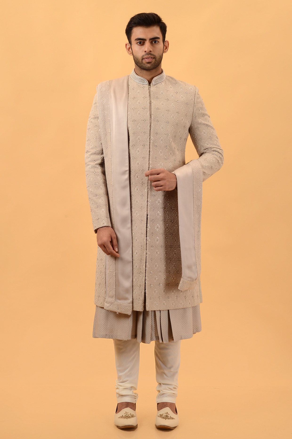 STEEL Dusty Mint Lucknowi Hand Embroidered Sherwani Set