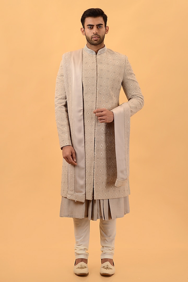 Dusty Mint Lucknowi Hand Embroidered Sherwani Set by STEEL