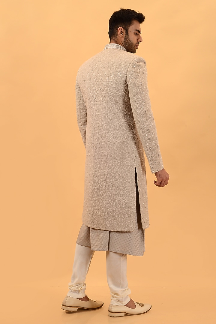 Dusty Mint Lucknowi Hand Embroidered Wedding Sherwani Set by STEEL at Pernia's Pop Up Shop
