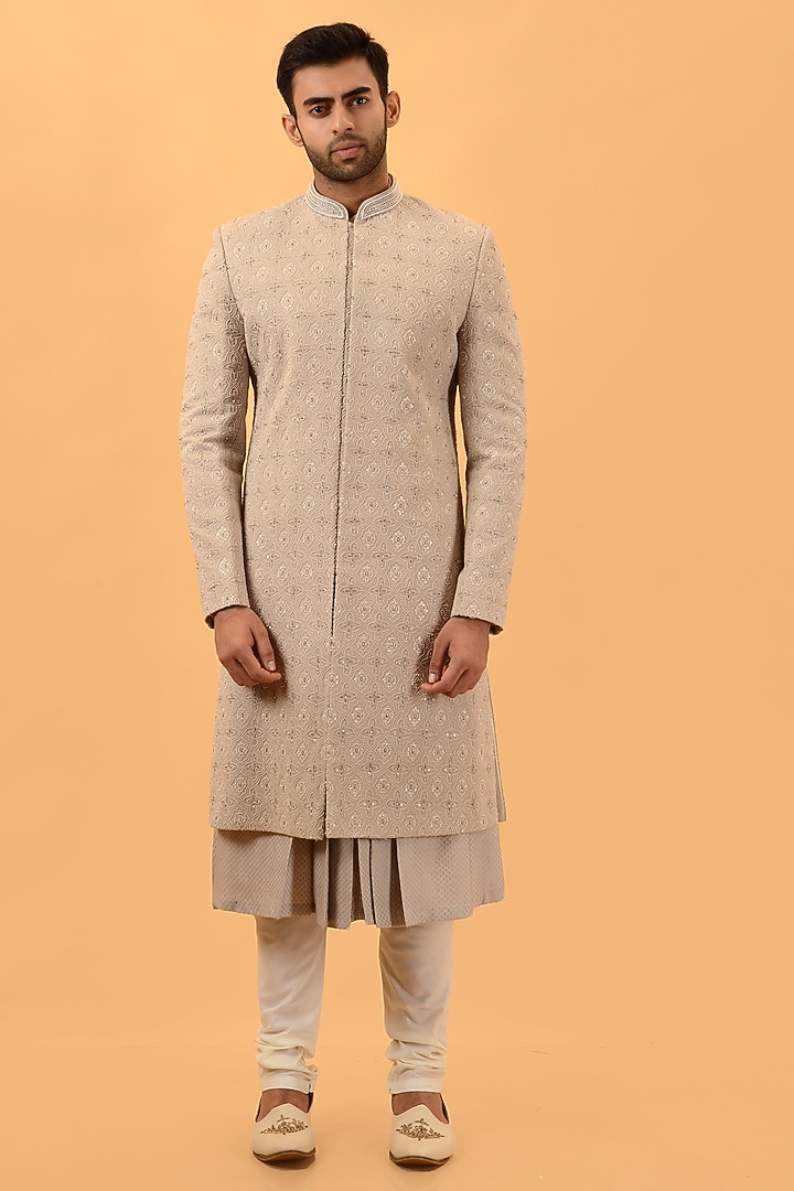 Dusty Mint Lucknowi Hand Embroidered Wedding Sherwani Set by STEEL at Pernia's Pop Up Shop