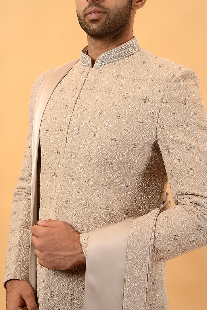 Dusty Mint Lucknowi Hand Embroidered Wedding Sherwani Set by STEEL at Pernia's Pop Up Shop