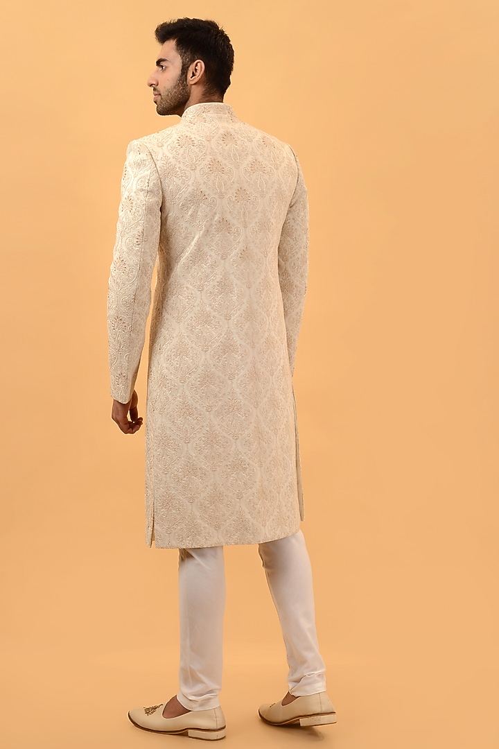 Beige Raw Silk Hand & Machine Embroidered Wedding Sherwani Set by STEEL at Pernia's Pop Up Shop