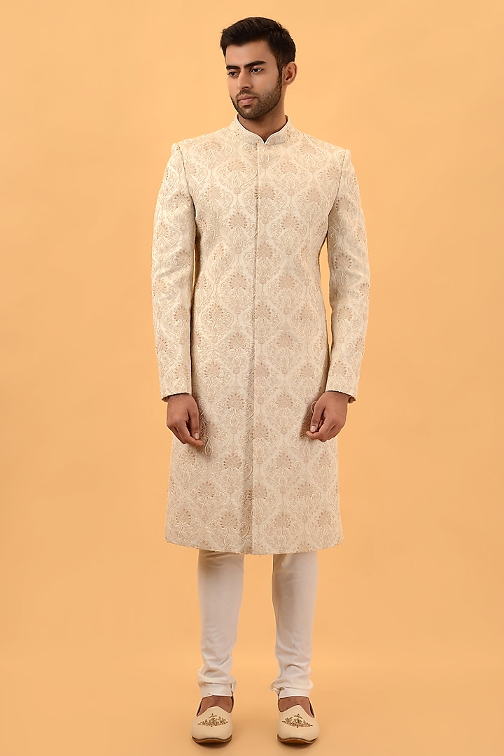 Beige Raw Silk Hand & Machine Embroidered Wedding Sherwani Set by STEEL at Pernia's Pop Up Shop