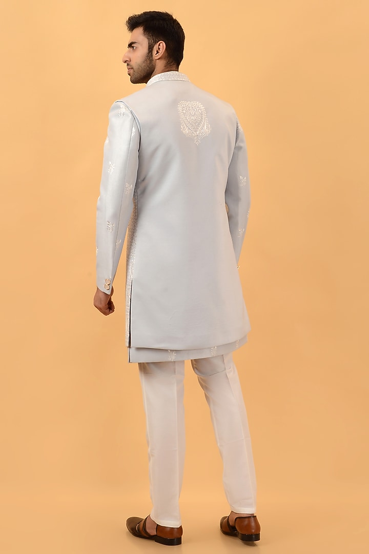 Sky Blue Silk Machine Embroidered Indowestern Set by STEEL at Pernia's Pop Up Shop