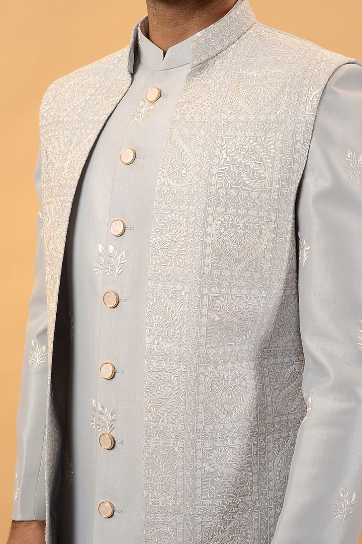 Sky Blue Silk Machine Embroidered Indowestern Set by STEEL at Pernia's Pop Up Shop