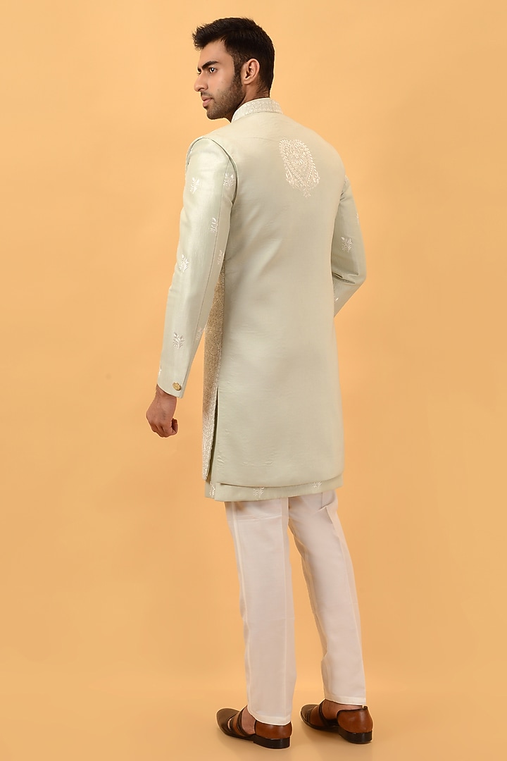 Pista Green Silk Machine Embroidered Indowestern Set by STEEL at Pernia's Pop Up Shop