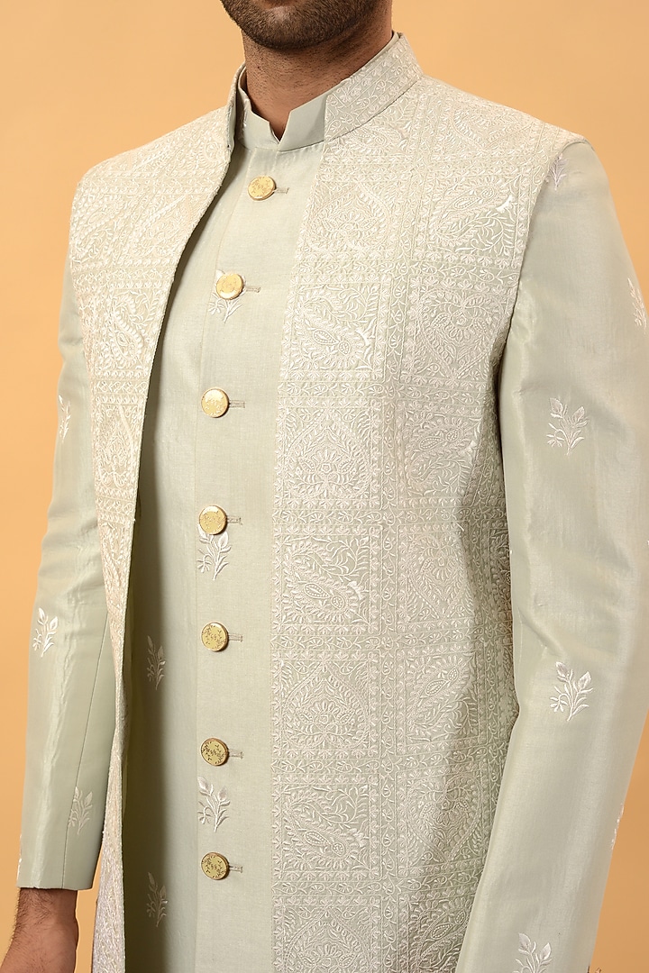 Pista Green Silk Machine Embroidered Indowestern Set by STEEL at Pernia's Pop Up Shop
