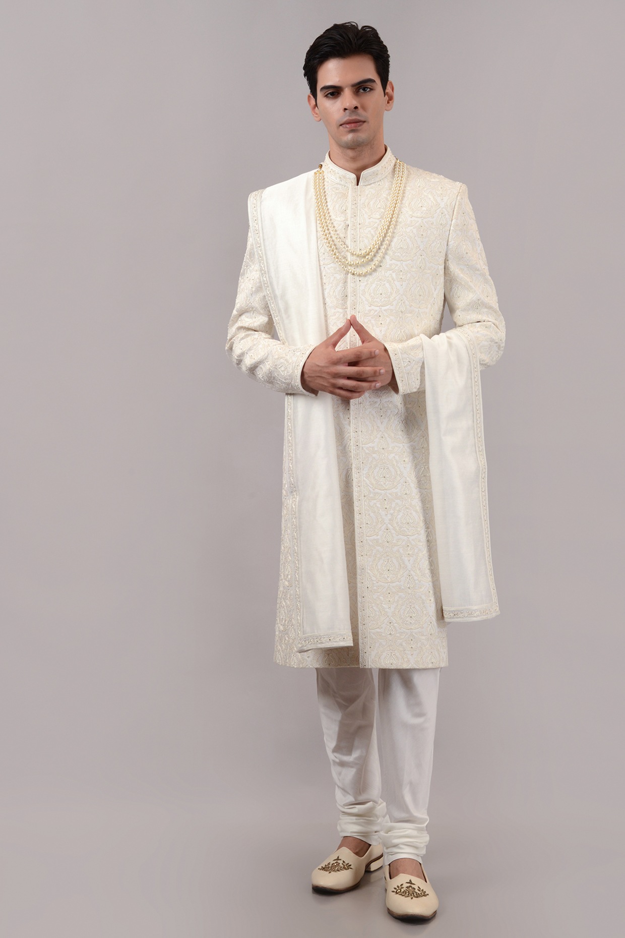 STEEL Off-White Raw Silk Hand & Machine Embroidered Sherwani Set