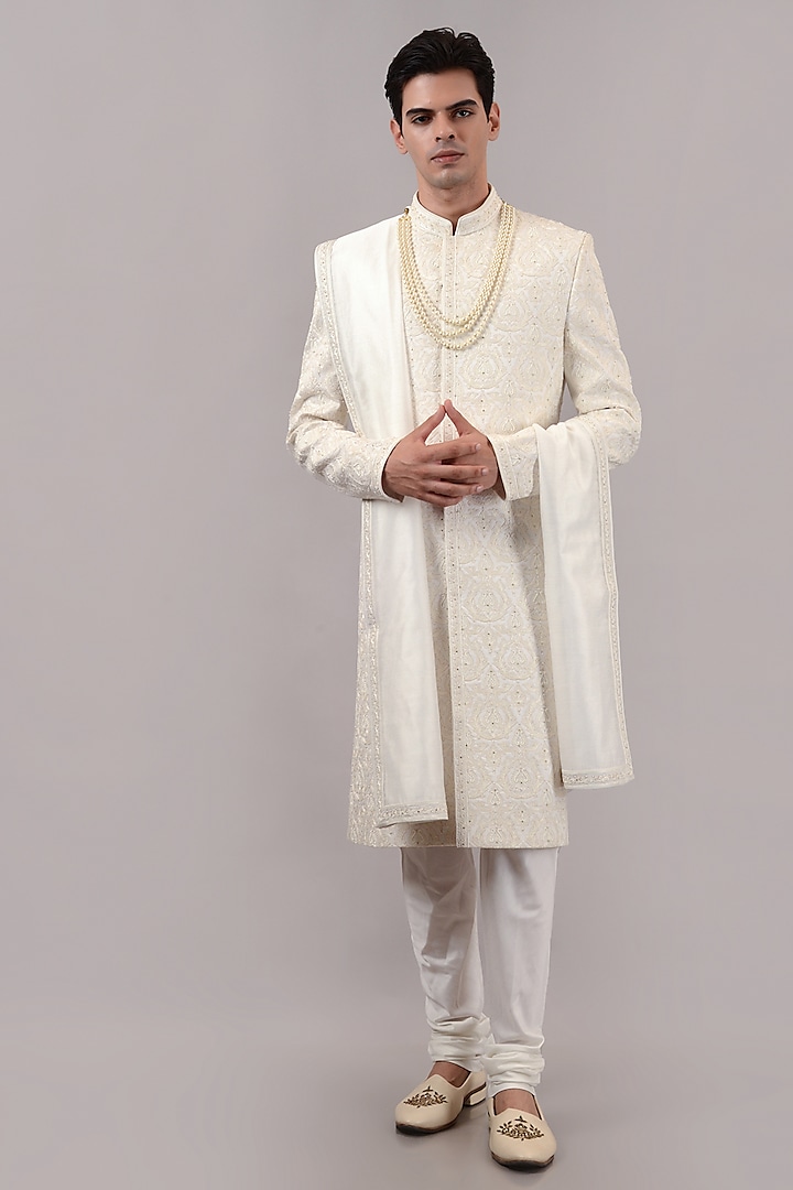 Off-White Raw Silk Hand & Machine Embroidered Wedding Sherwani Set by STEEL at Pernia's Pop Up Shop