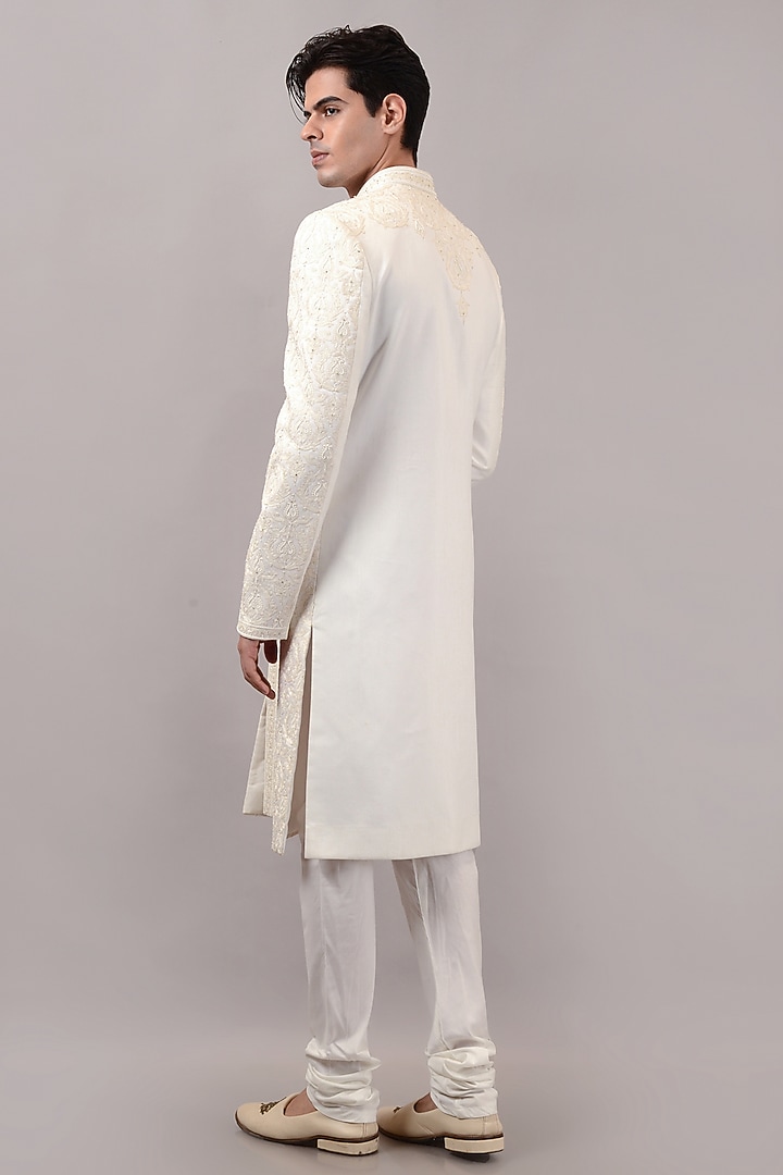 Off-White Raw Silk Hand & Machine Embroidered Wedding Sherwani Set by STEEL at Pernia's Pop Up Shop