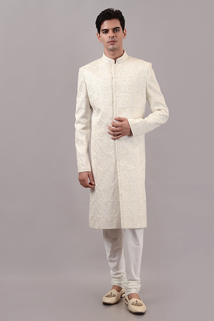 Off-White Raw Silk Hand & Machine Embroidered Wedding Sherwani Set by STEEL at Pernia's Pop Up Shop