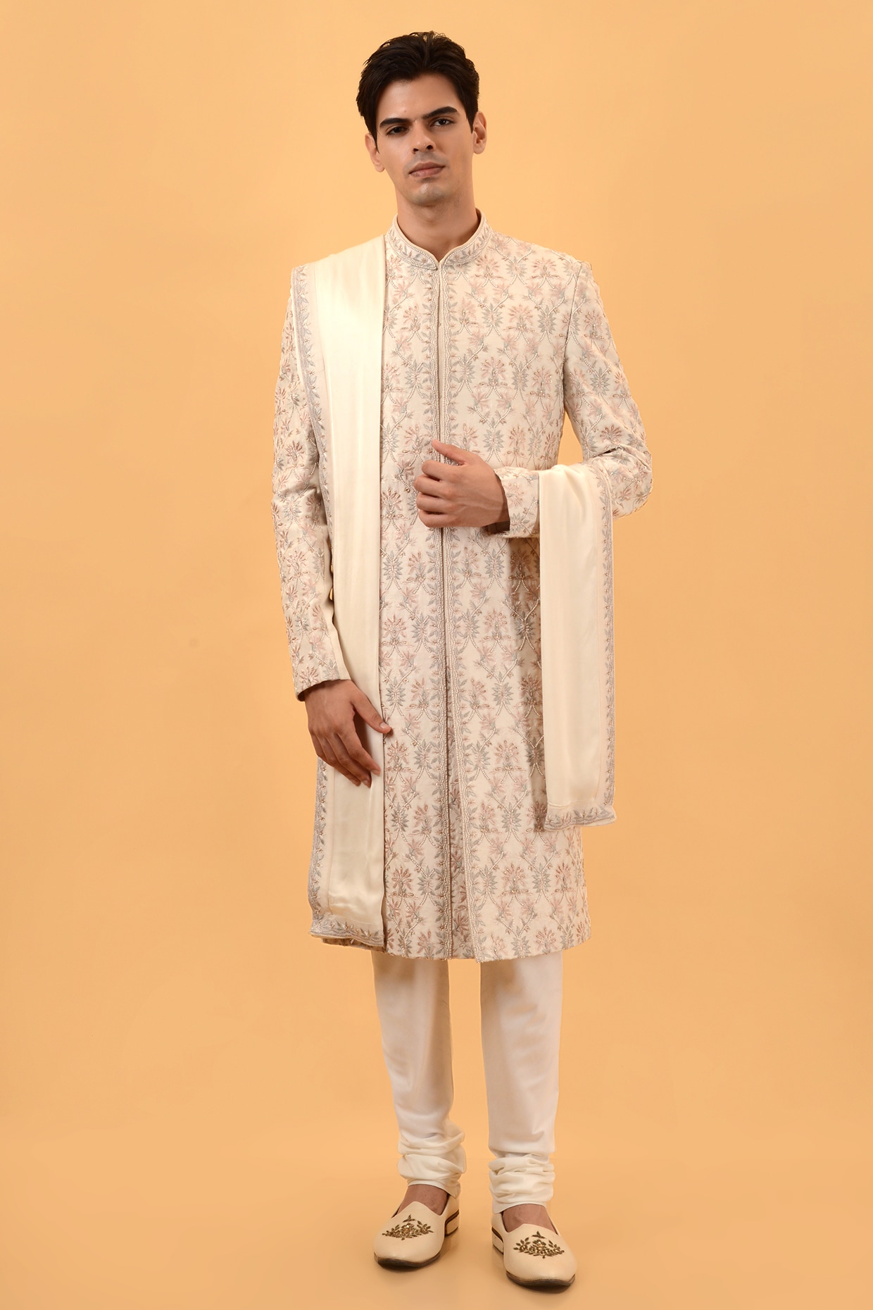 STEEL Cream Raw Silk Hand & Machine Embroidered Sherwani Set